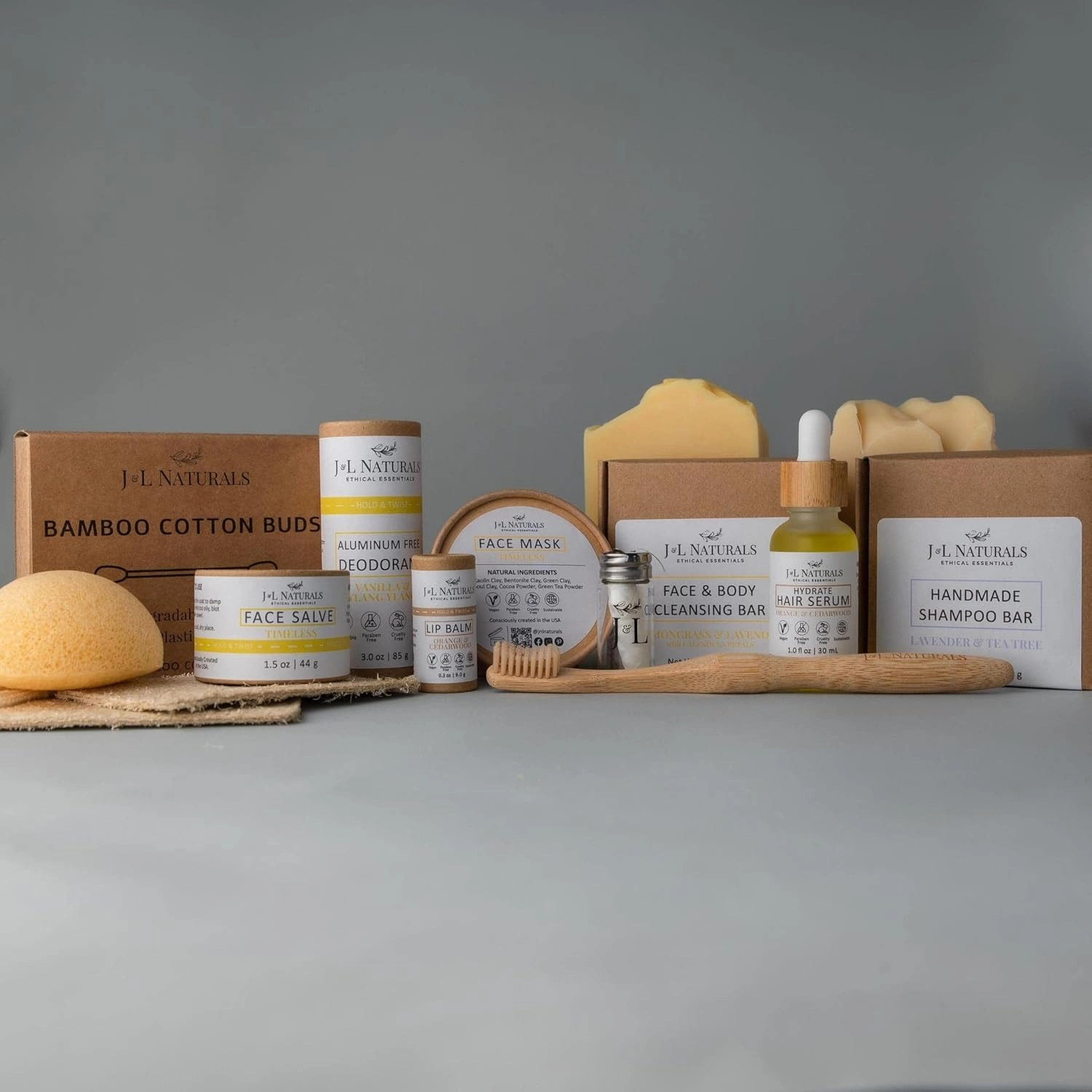 J&L Naturals | Exceptional Self-Care Kit With Cleanser, Konjac Sponge, Face Mask, Face Salve, Lip Balm, Shampoo, Hair Serum, Deodorant, Toothbrush & More (Hydrate (dry), Exceptional)
