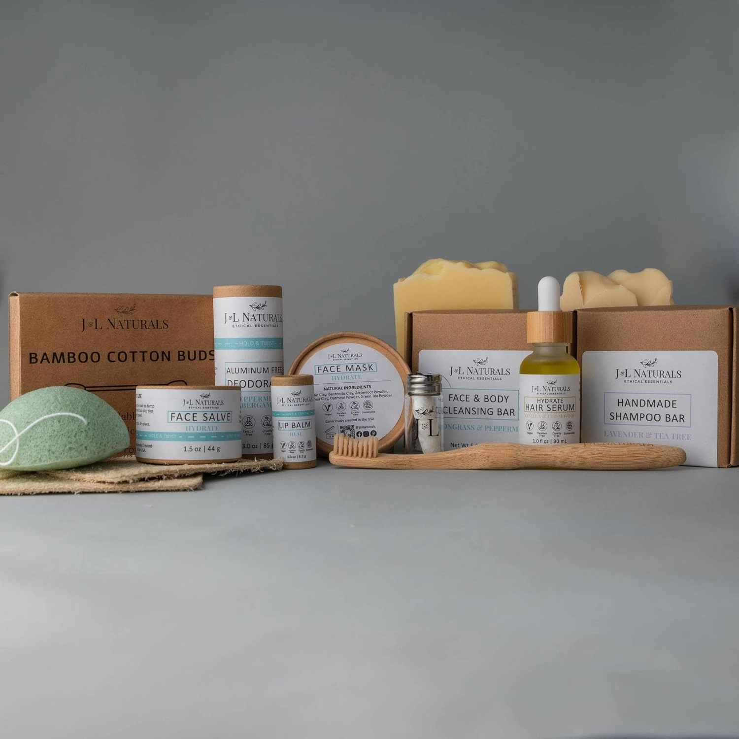 J&L Naturals | Exceptional Self-Care Kit With Cleanser, Konjac Sponge, Face Mask, Face Salve, Lip Balm, Shampoo, Hair Serum, Deodorant, Toothbrush & More (Hydrate (dry), Exceptional)