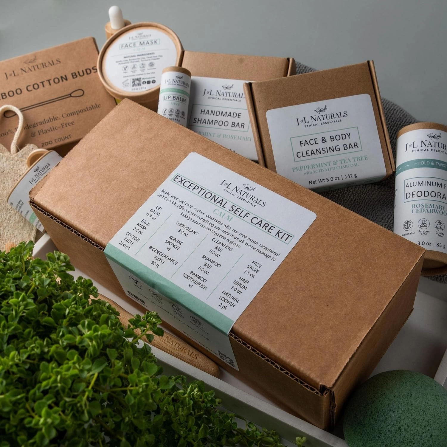 J&L Naturals | Exceptional Self-Care Kit With Cleanser, Konjac Sponge, Face Mask, Face Salve, Lip Balm, Shampoo, Hair Serum, Deodorant, Toothbrush & More (Hydrate (dry), Exceptional)