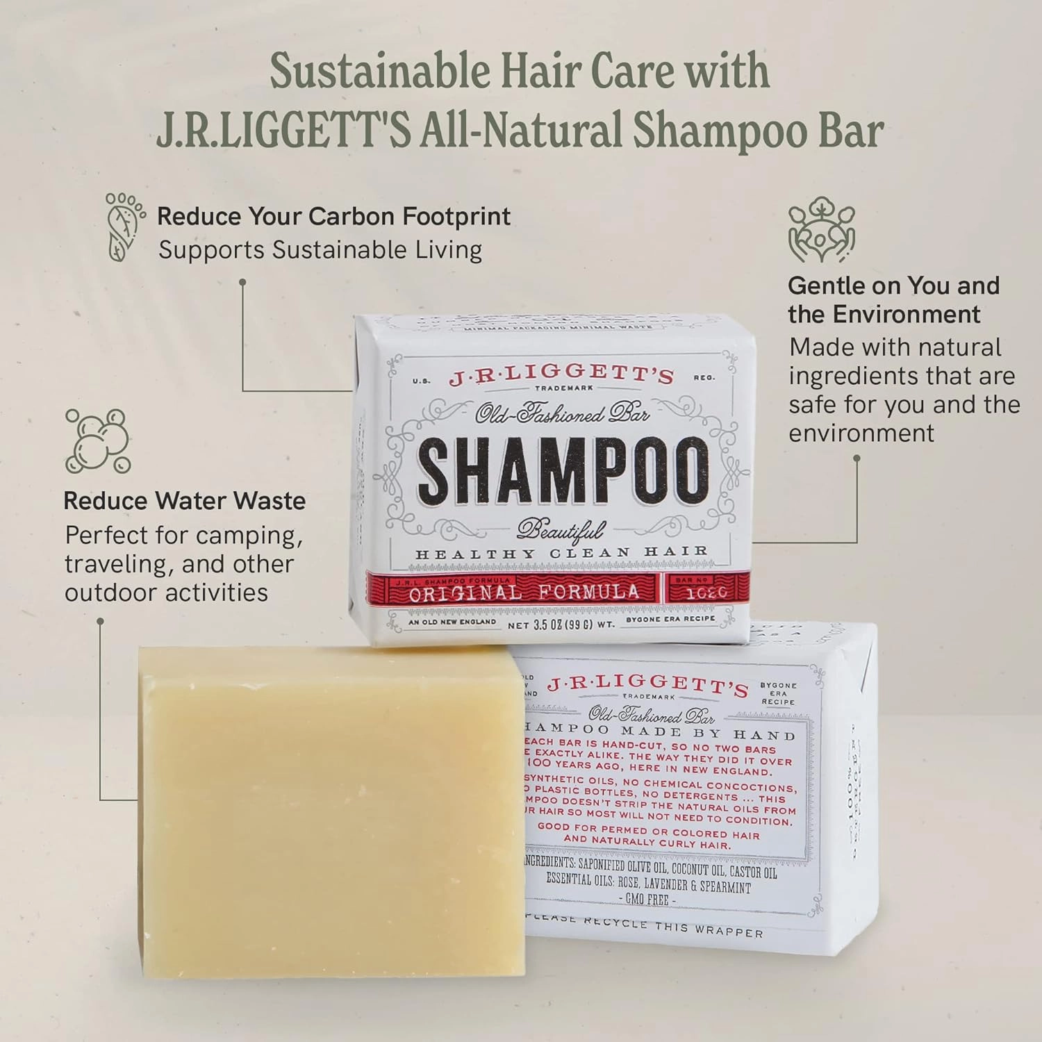 J·R·LIGGETT'S Shampoo Bar, Original Formula - Supports Strong and Healthy Hair - Nourish with Antioxidants and Vitamins - Detergent and Sulfate-Free - Set of Three 3.5 Ounce Bars