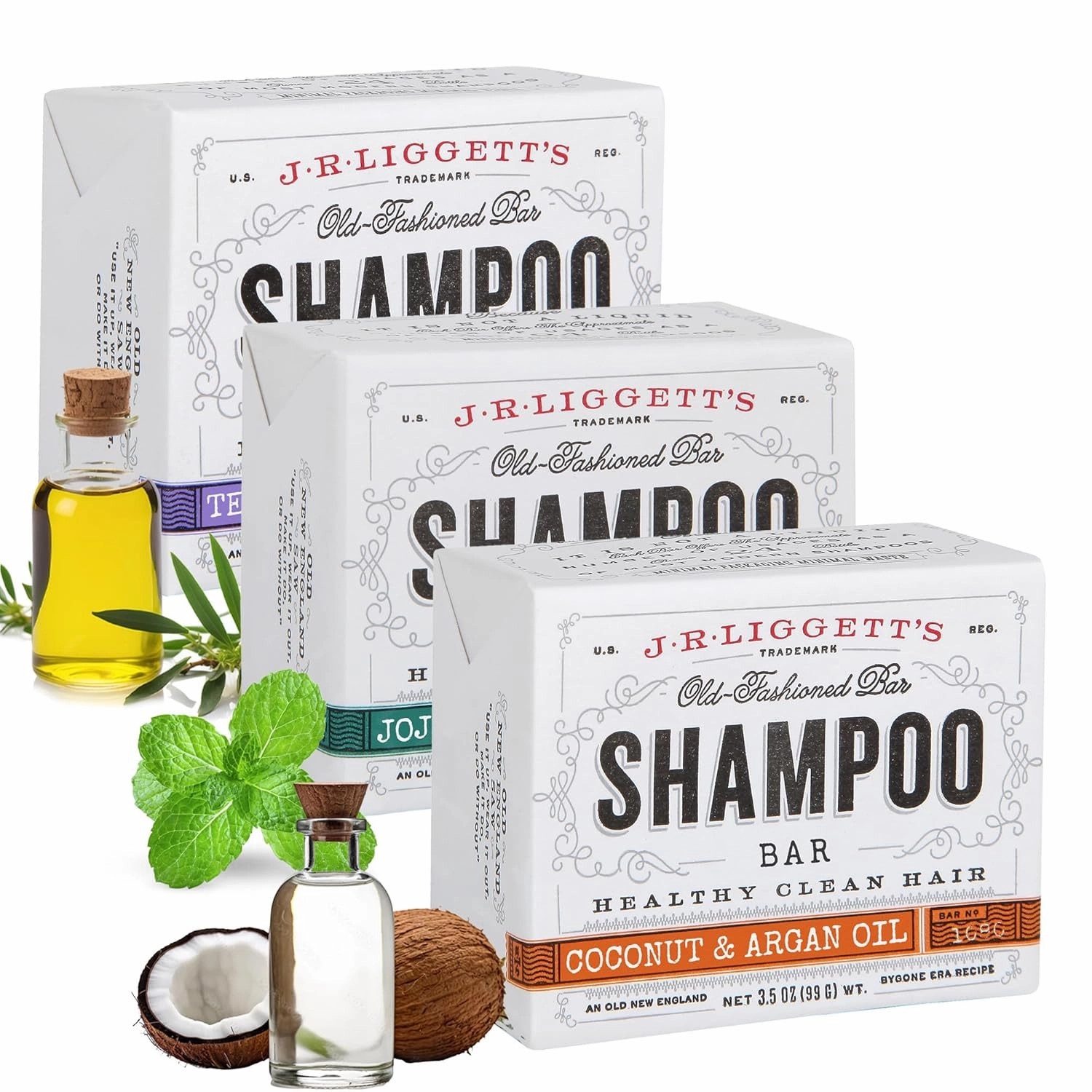 J·R·LIGGETT'S Shampoo Bars - Tea Tree, Jojoba & Peppermint and Coconut & Argan Oils - Nourishes Follicles with Antioxidants and Vitamins - Sulfate-Free - Set of Three 3.5 Ounce Bars
