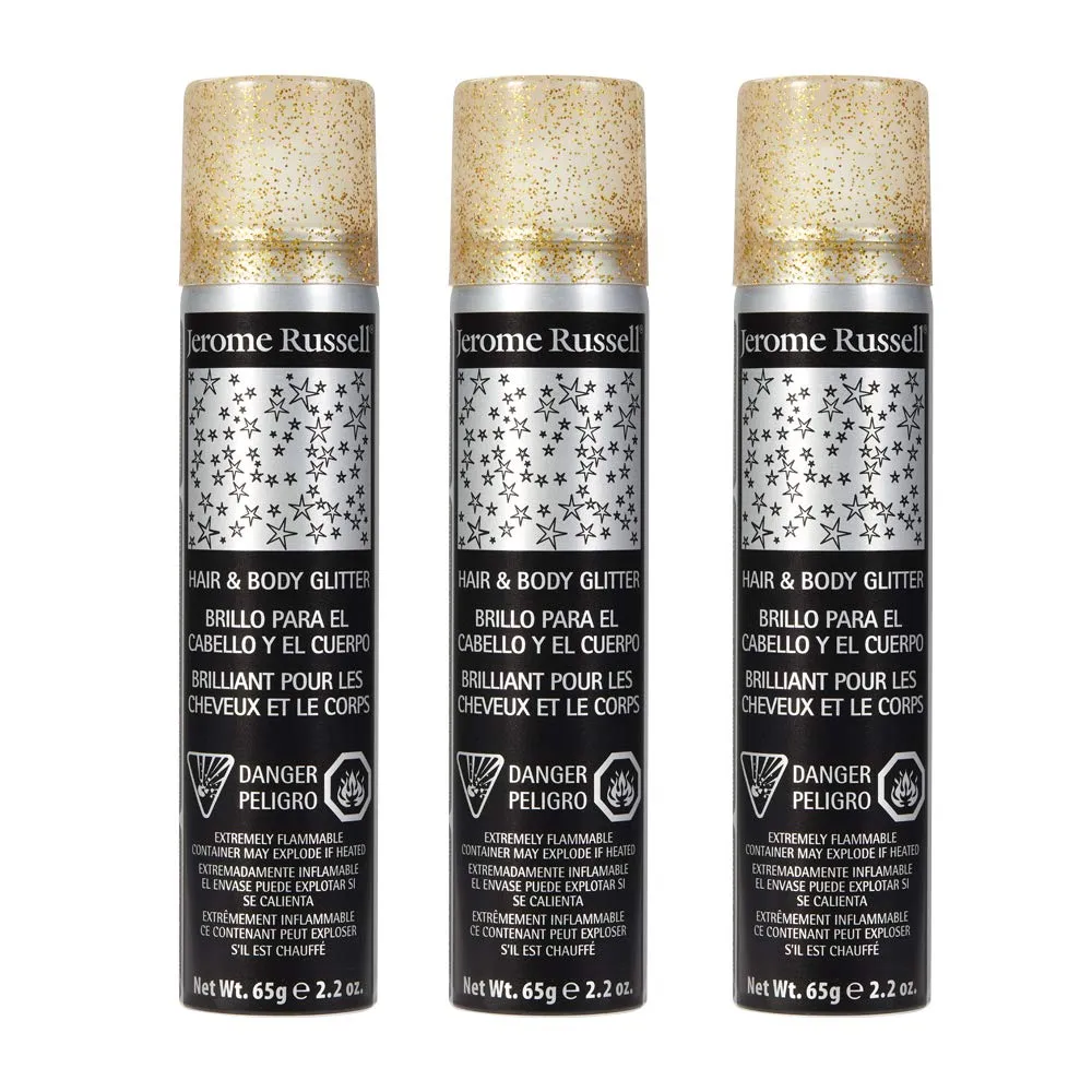 Jerome Russell Temporary Hair and Body Glitter Color Spray, Travel Spray, Lightweight, Adds Sparkly Shimmery Glow, Perfect to use On Hair, Skin, or Clothing, 2.2 oz - Glitter Gold x 3 Pack