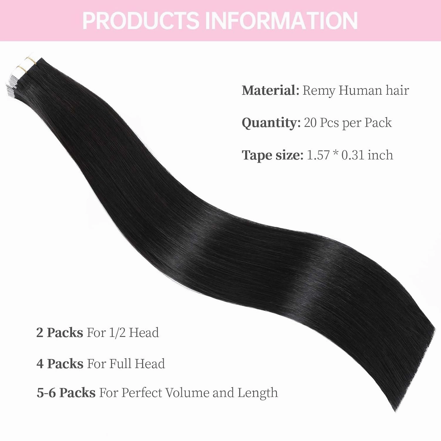 Jet Black Tape in Hair Extensions Human Hair,20 inches 20 Pcs Seamless Invisible Remy Human Hair Extensions,Straight Silky 50g Tape ins #1