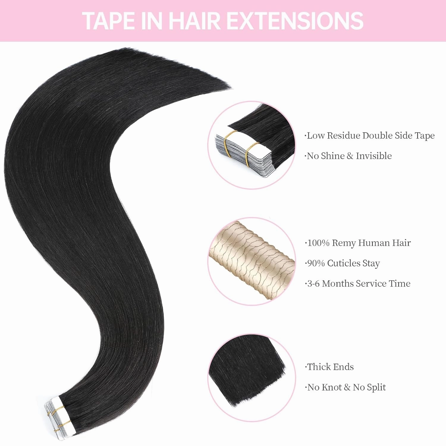 Jet Black Tape in Hair Extensions Human Hair,20 inches 20 Pcs Seamless Invisible Remy Human Hair Extensions,Straight Silky 50g Tape ins #1