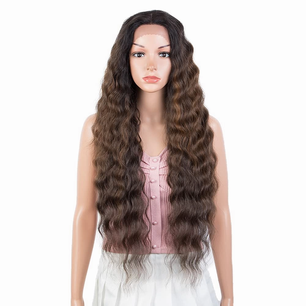 Joedir 30'' Long Wavy Lace Front with 1.5"x3" Deep Part Lace Wig Heat Resistant Synthetic Wigs For Black Women 130% Density(Ombre Brown Color)