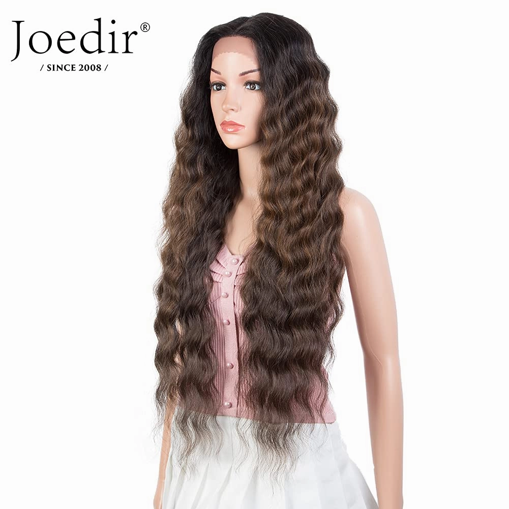Joedir 30'' Long Wavy Lace Front with 1.5"x3" Deep Part Lace Wig Heat Resistant Synthetic Wigs For Black Women 130% Density(Ombre Brown Color)