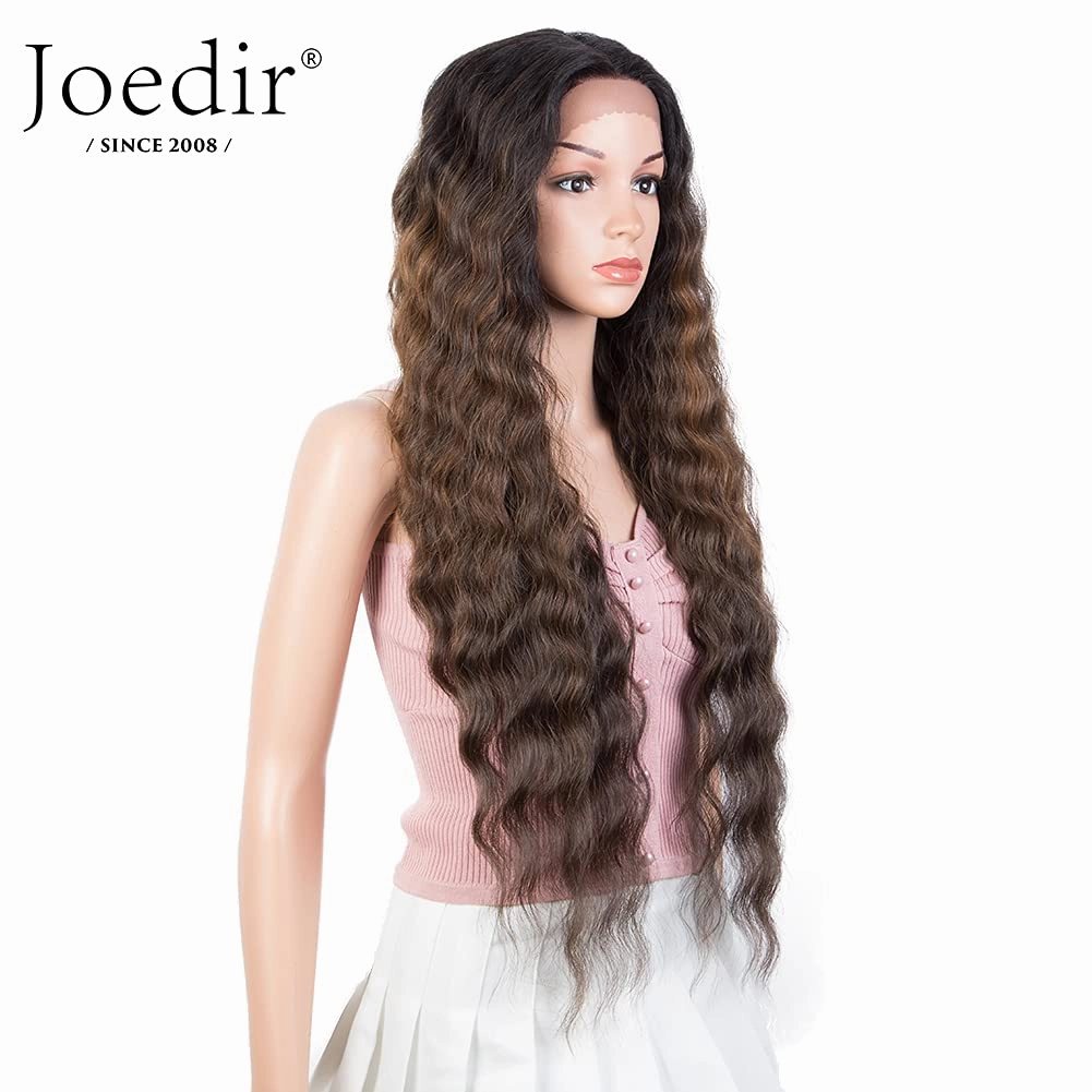 Joedir 30'' Long Wavy Lace Front with 1.5"x3" Deep Part Lace Wig Heat Resistant Synthetic Wigs For Black Women 130% Density(Ombre Brown Color)