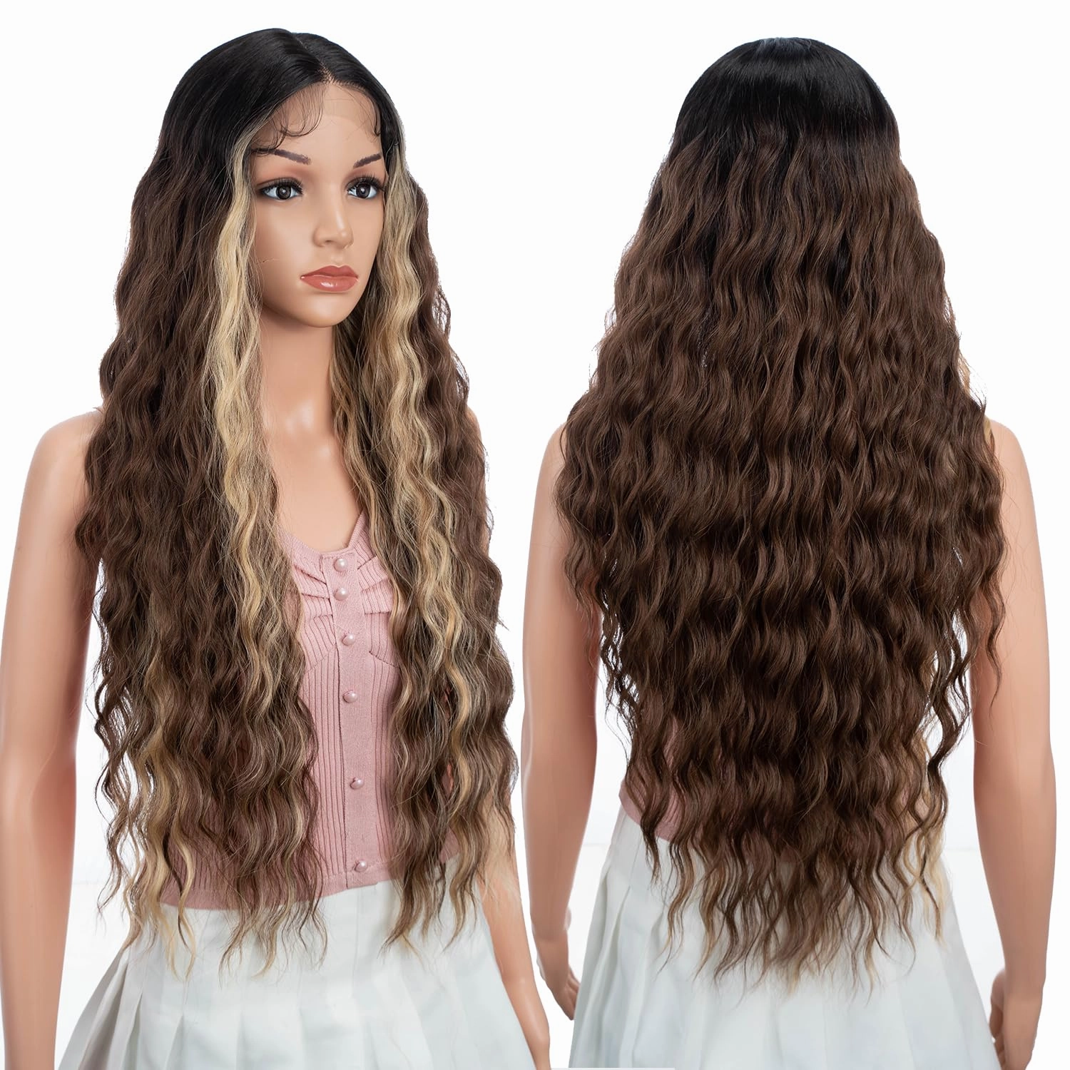 Joedir 30" Long Wavy Lace Front with 1.5"x4.5" Deep Part Lace Wig Heat Resistant Synthetic Wigs For Women 130% Density(Ombre Brown Highlights Color)
