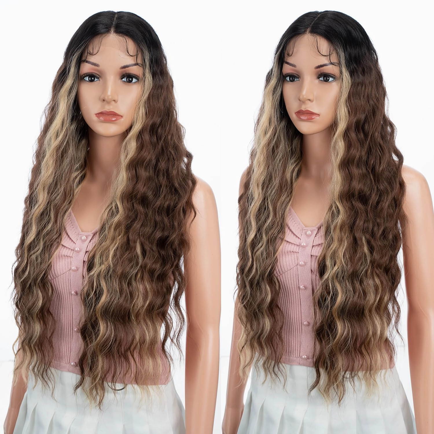 Joedir 30" Long Wavy Lace Front with 1.5"x4.5" Deep Part Lace Wig Heat Resistant Synthetic Wigs For Women 130% Density(Ombre Brown Highlights Color)