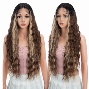 Joedir 30" Long Wavy Lace Front with 1.5"x4.5" Deep Part Lace Wig Heat Resistant Synthetic Wigs For Women 130% Density(Ombre Brown Highlights Color)