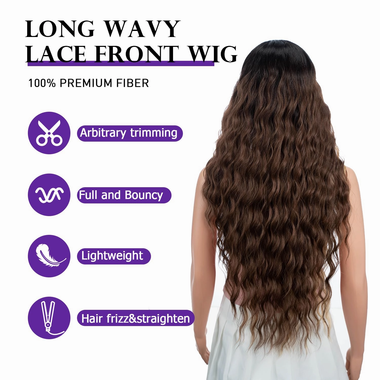 Joedir 30" Long Wavy Lace Front with 1.5"x4.5" Deep Part Lace Wig Heat Resistant Synthetic Wigs For Women 130% Density(Ombre Brown Highlights Color)