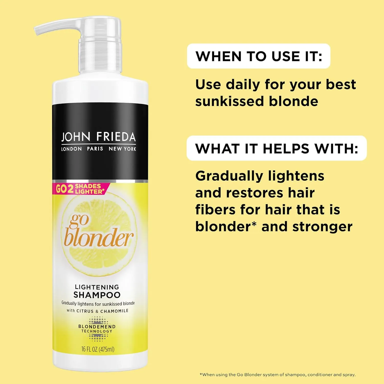 John Frieda Sheer Blonde Go Blonder Blonde Shampoo, Gradual Lightening Shampoo, with Citrus and Chamomile, featuring our BlondMend Technology, 16 oz