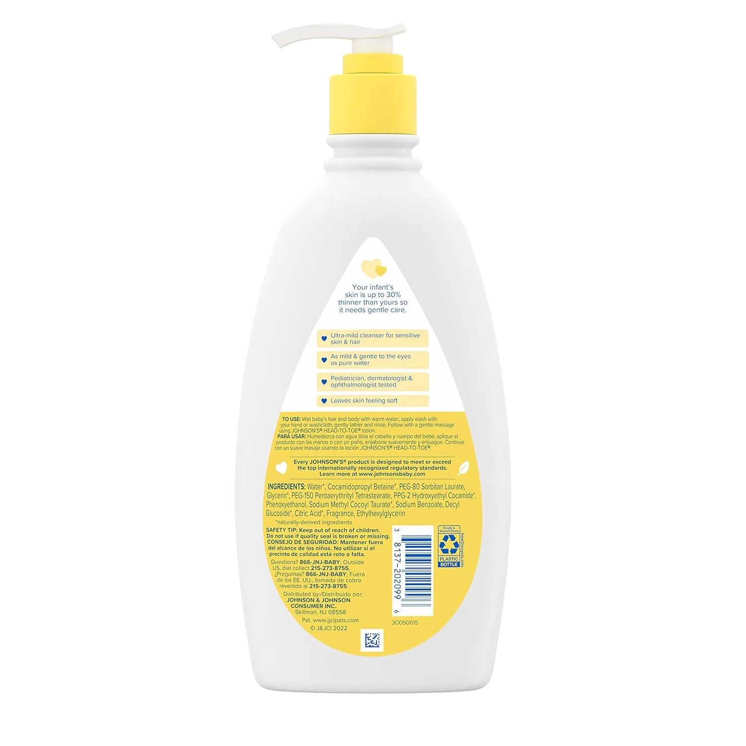 Johnson's Baby Head-To-Toe Gentle Baby Body Wash & Shampoo, Tear-Free, Sulfate-Free & Hypoallergenic Bath Wash & Shampoo for Sensitive Baby Skin, Washes Away 99.9% Of Germs, 2 Pack, 18 fl. Oz