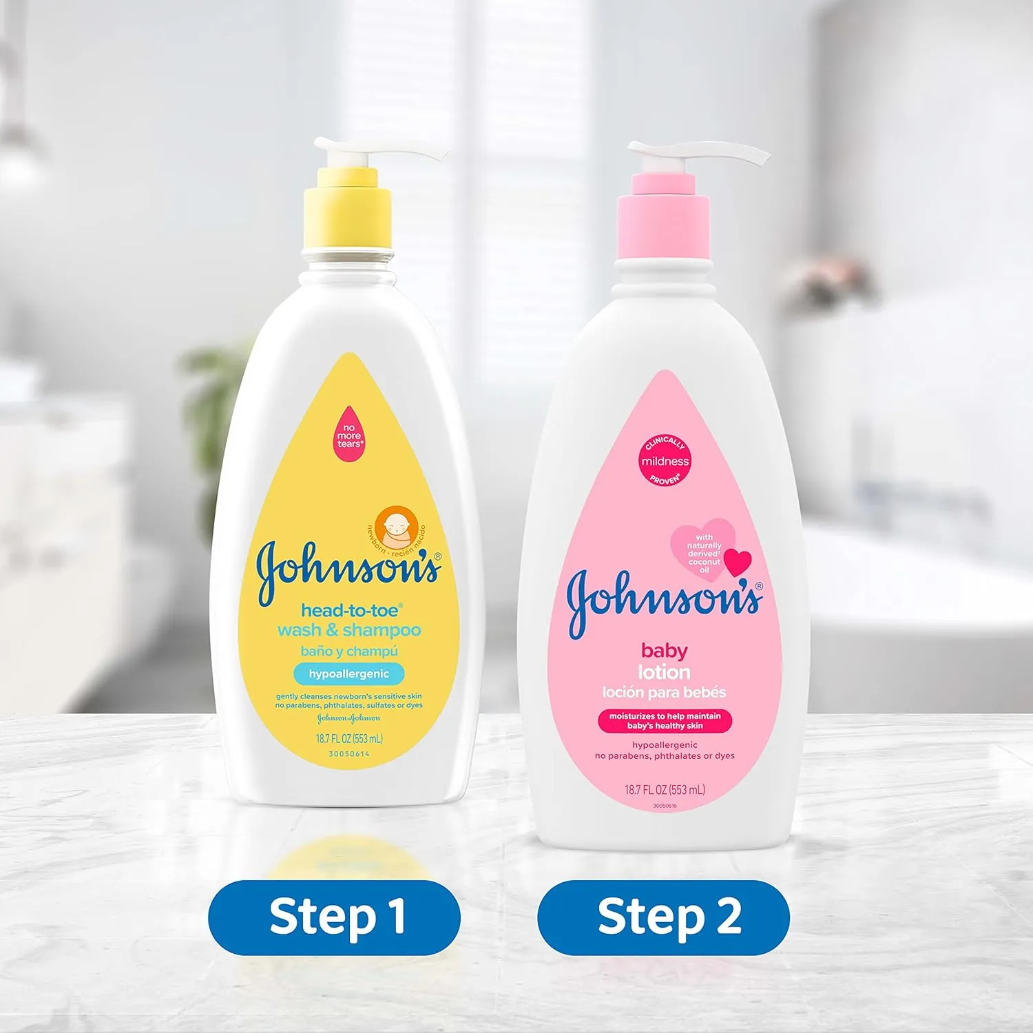 Johnson's Baby Head-To-Toe Gentle Baby Body Wash & Shampoo, Tear-Free, Sulfate-Free & Hypoallergenic Bath Wash & Shampoo for Sensitive Baby Skin, Washes Away 99.9% Of Germs, 2 Pack, 18 fl. Oz