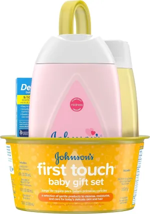 Johnson's First Touch Baby Gift Set, Baby Bath, Skin, & Hair Essential Products, Kit for New Parents with Wash, Shampoo, Lotion, & Diaper Rash Cream, Hypoallergenic & Paraben-Free, 5 Items