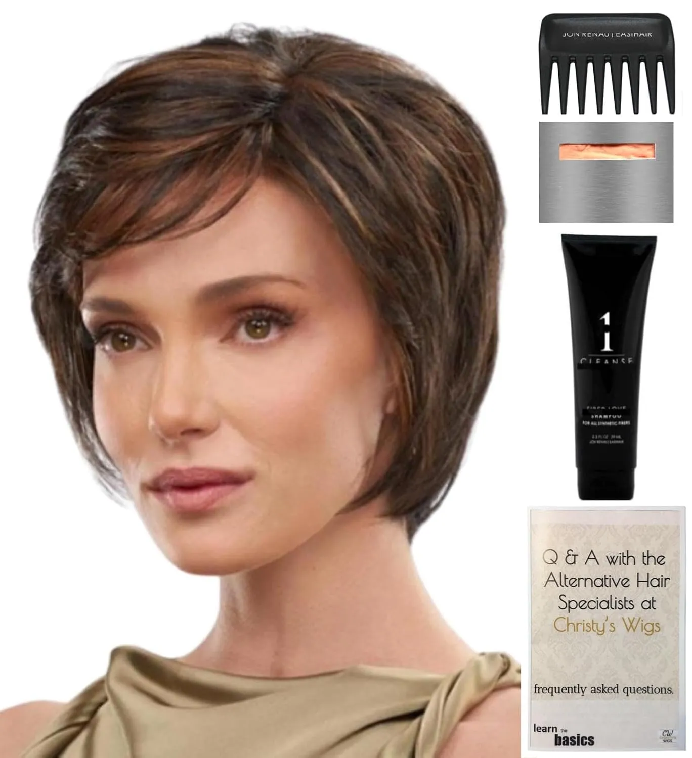 Jon Renau & Christy's Wigs Bundle - 5 Items: Stella Star Wig Q & A Booklet, 2oz Travel Size Shampoo, Cap & Wide Tooth Comb - Color: 12FS8