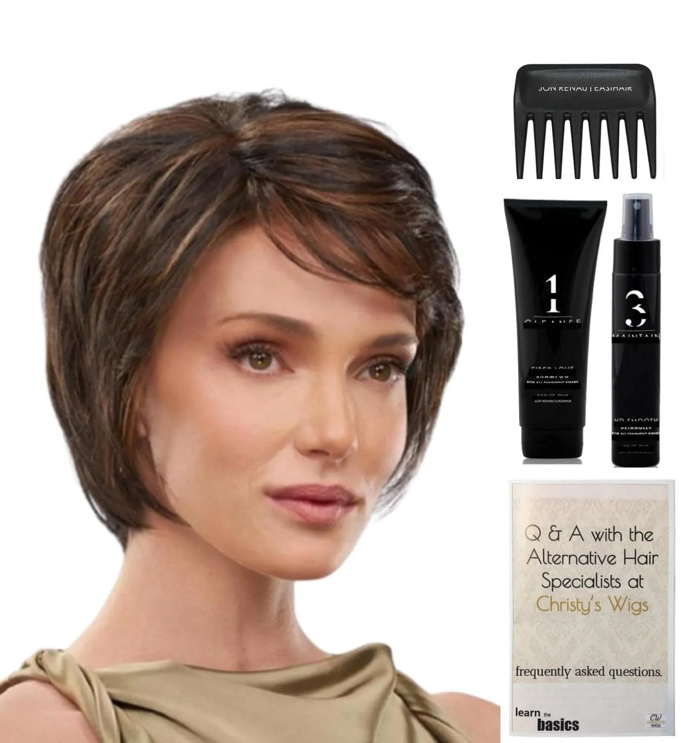 Jon Renau & Christy's Wigs Bundle - 5 Items: Stella Star Wig Q & A Booklet, 2oz Travel Size Wig Shampoo, HD Smooth and Wide Tooth Comb - Color: 32F