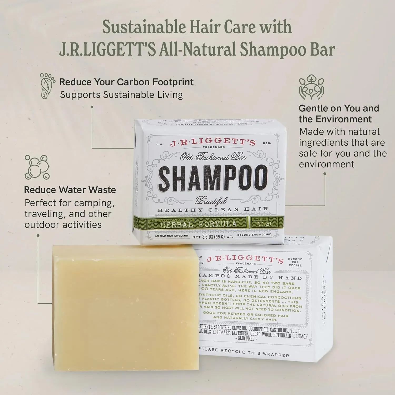 J·R·LIGGETT'S All-Natural Shampoo Bar, Herbal Formula - Supports Strong and Healthy Hair - Nourish Follicles with Antioxidants and Vitamins - Detergent and Sulfate-Free, Set of 3, 3.5 Ounce Bar
