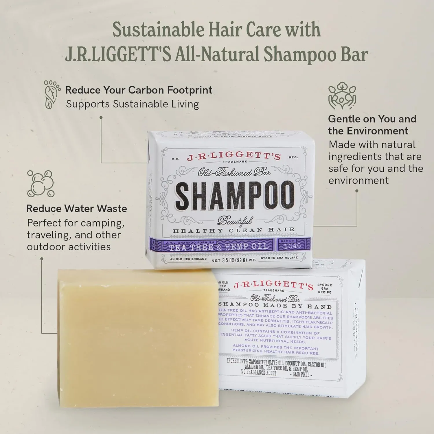 J·R·LIGGETT'S Shampoo Bars - Oils Including Tea Tree for Strong and Healthy Hair - Nourish with Antioxidants & Vitamins - Detergent and Sulfate-Free - Set of Three 3.5 Ounce Bars