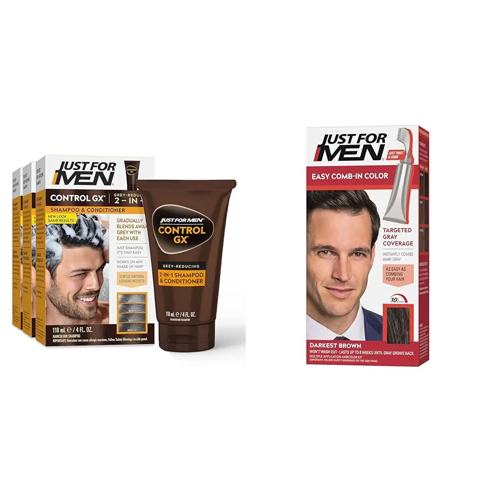 Just For Men Control GX Grey Reducing 2-in-1 Shampoo and Conditioner & Easy Comb-In Color Mens Hair Dye, Easy No Mix Application with Comb Applicator