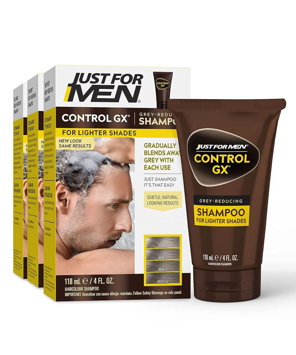 Just for Men Control GX Grey Reducing Shampoo for Lighter Shades of Hair & Mustache & Beard, Beard Dye for Men with Brush