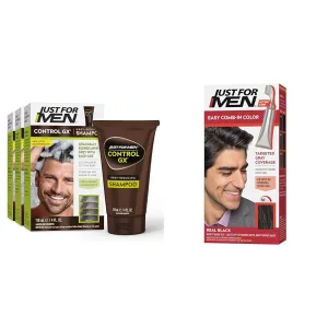 Just for Men Control GX Grey Reducing Shampoo, Gradual Hair Color for Stronger and Healthier Hair & Easy Comb-In Color Mens Hair Dye, Real Black, A-55, Pack of 1