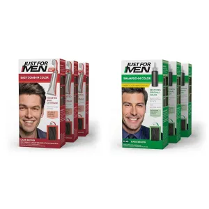 Just For Men Easy Comb-In Color Mens Hair Dye, Easy No Mix Application with Comb Applicator - Dark Brown, A-45, Pack of 3 & Shampoo-In Color (Formerly Original Formula)