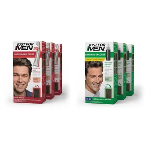 Just For Men Easy Comb-In Color Mens Hair Dye, Easy No Mix Application with Comb Applicator - Dark Brown, A-45, Pack of 3 & Shampoo-In Color (Formerly Original Formula)