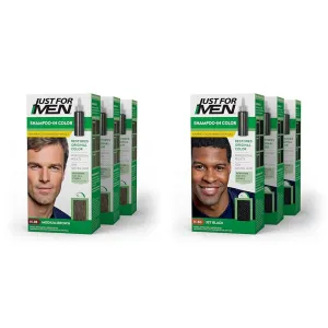 Just For Men Mustache & Beard, Beard Dye with Brush Included- Medium Brown, H-35, Pack of 3 & Shampoo-In Color (Formerly Original Formula), Jet Black, H-60, Pack of 3