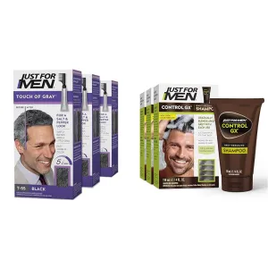 Just For Men Touch of Gray, Mens Hair Color Kit with Comb Applicator for Easy Application & Control GX Grey Reducing Shampoo, Gradual Hair Color for Stronger and Healthier Hair
