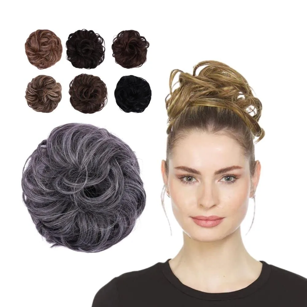Juvabun Messy Bun 2.0 Hair Piece - Salt and pepper |Hair Pieces for Women & Men| Messy Bun Hair Piece Synthetic Hair | Everyday Wear |Washable & Realistic |Synthetic Hair Bun Scrunchie-Salt and pepper