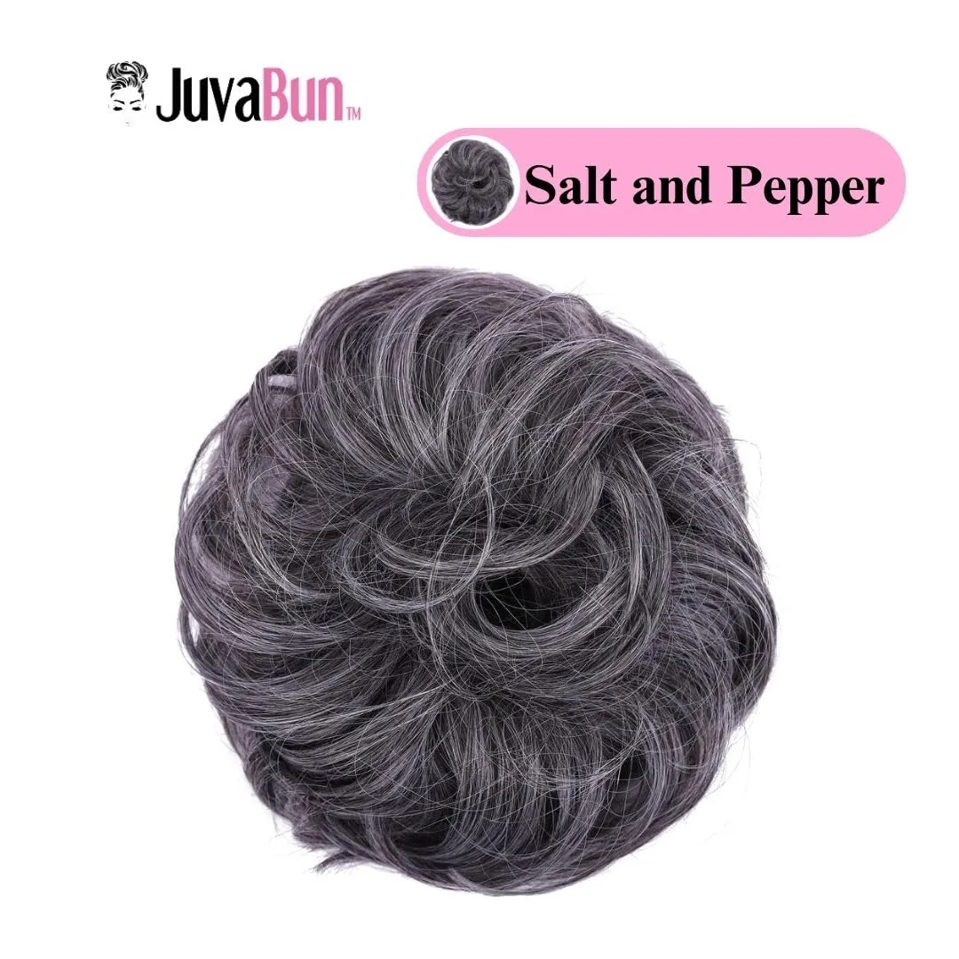 Juvabun Messy Bun 2.0 Hair Piece - Salt and pepper |Hair Pieces for Women & Men| Messy Bun Hair Piece Synthetic Hair | Everyday Wear |Washable & Realistic |Synthetic Hair Bun Scrunchie-Salt and pepper