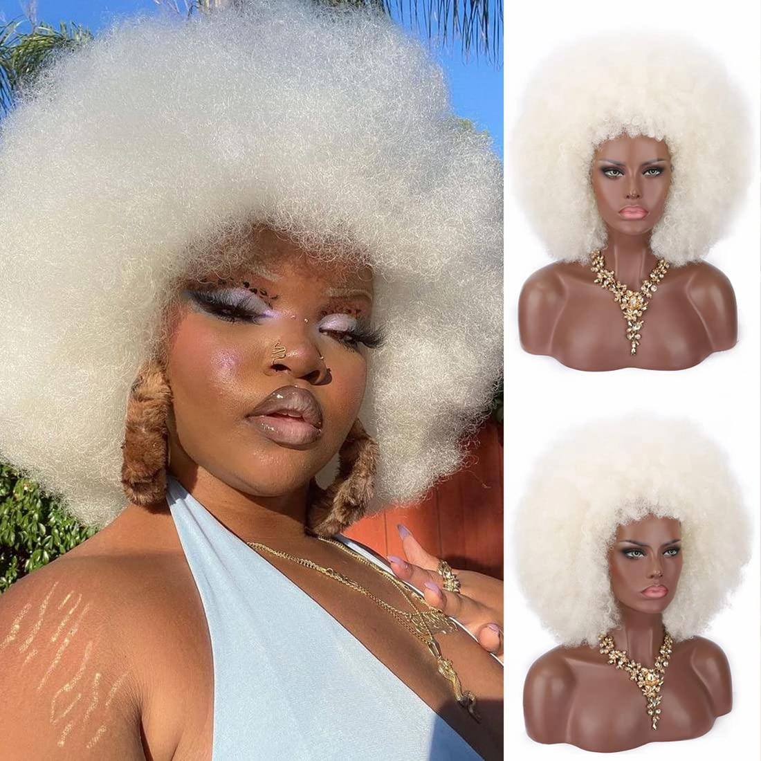 Kalyss 16" Women's Short Afro Kinky Curly Hair Platinum Wigs for Black Women Large Bouncy and Soft Natural Looking Premium Synthetic Hair Wigs for Women,150% Density