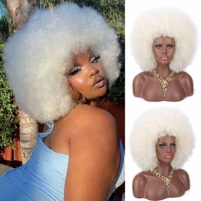 Kalyss 16" Women's Short Afro Kinky Curly Hair Platinum Wigs for Black Women Large Bouncy and Soft Natural Looking Premium Synthetic Hair Wigs for Women,150% Density
