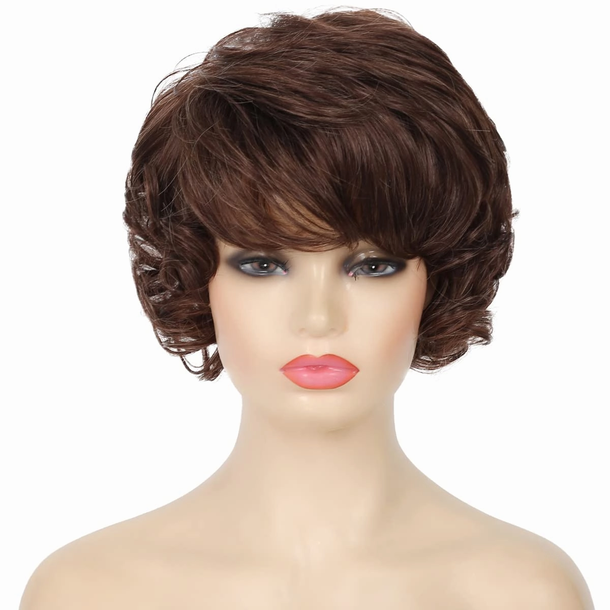Kaneles Short Brown Curly Wavy Wigs for Women with Bangs Synthetic Hair Wigs for Lady（Dark Brown）