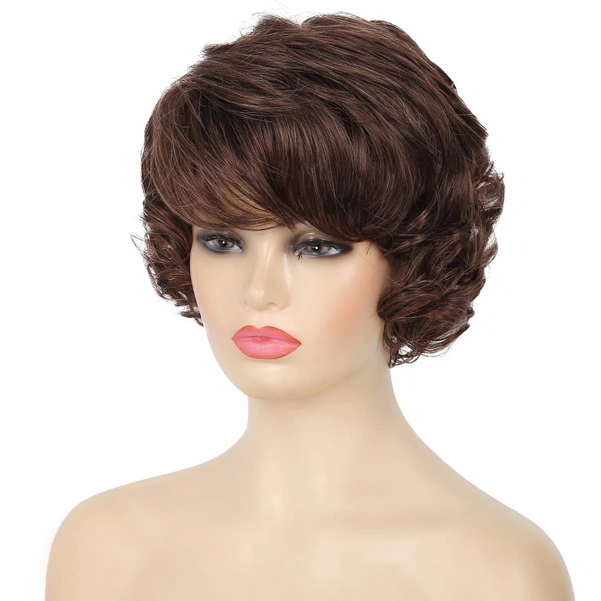 Kaneles Short Brown Curly Wavy Wigs for Women with Bangs Synthetic Hair Wigs for Lady（Dark Brown）