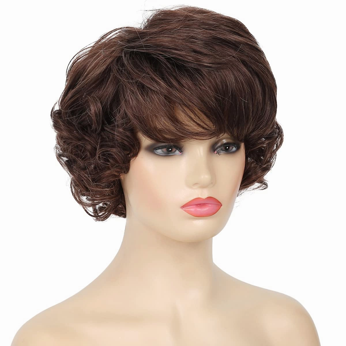 Kaneles Short Brown Curly Wavy Wigs for Women with Bangs Synthetic Hair Wigs for Lady（Dark Brown）