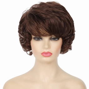 Kaneles Short Brown Curly Wavy Wigs for Women with Bangs Synthetic Hair Wigs for Lady（Dark Brown）