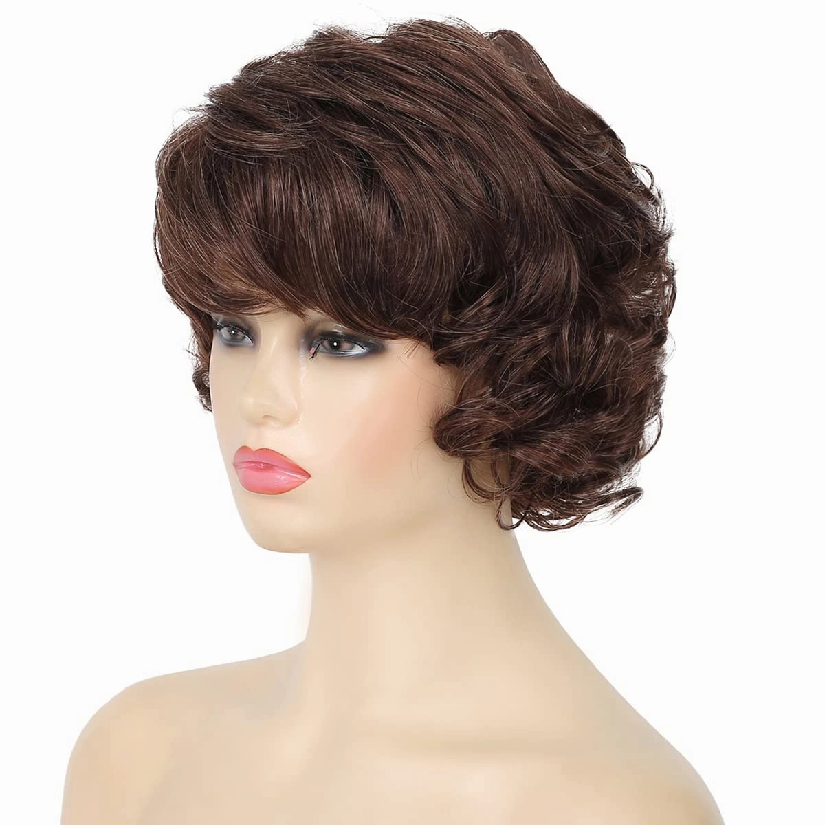 Kaneles Short Brown Curly Wavy Wigs for Women with Bangs Synthetic Hair Wigs for Lady（Dark Brown）