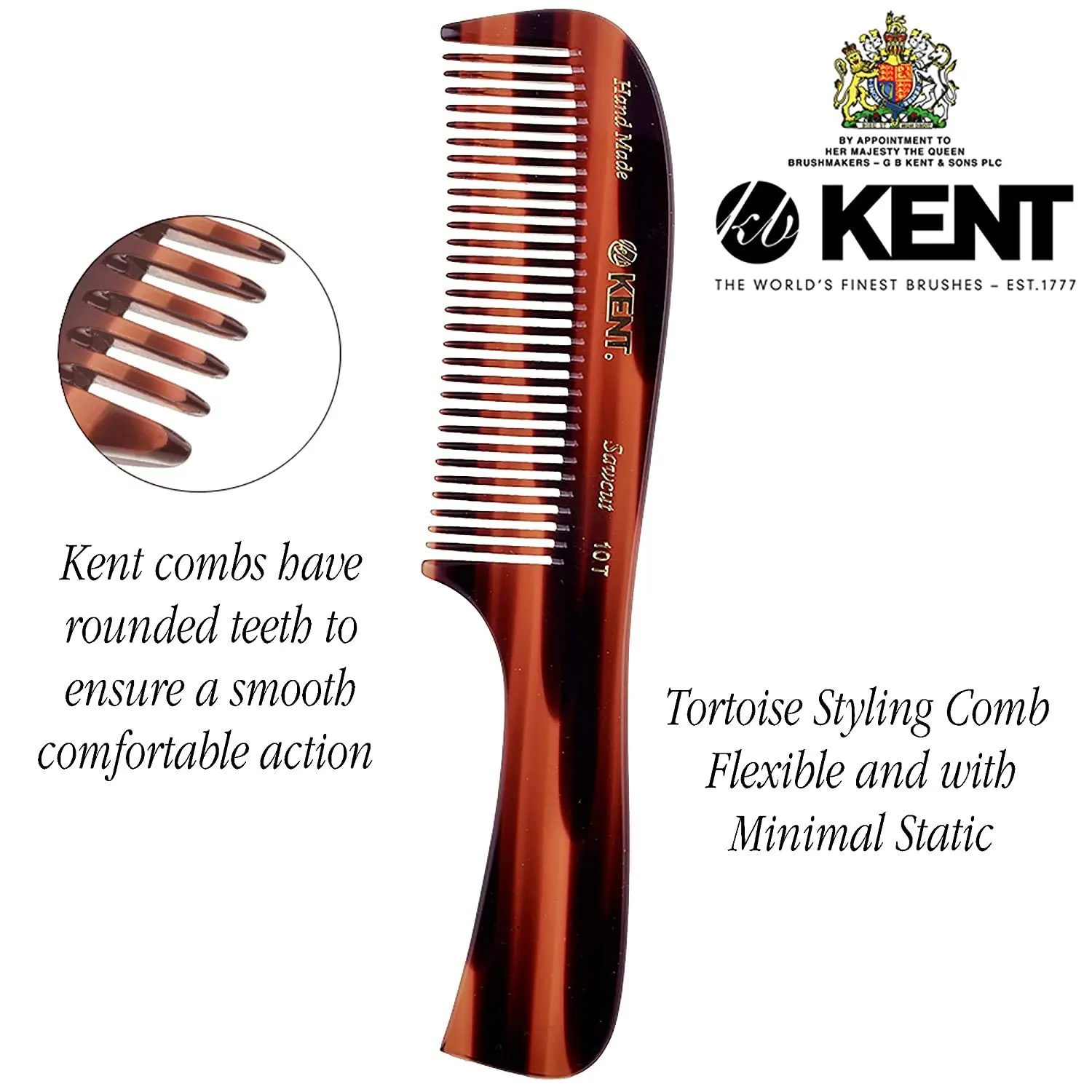 Kent 10T Graphite and Tortoiseshell Wide Tooth Comb - Rake Detangler for Curly, Beard and Men's Hair - Hair Care Supplies