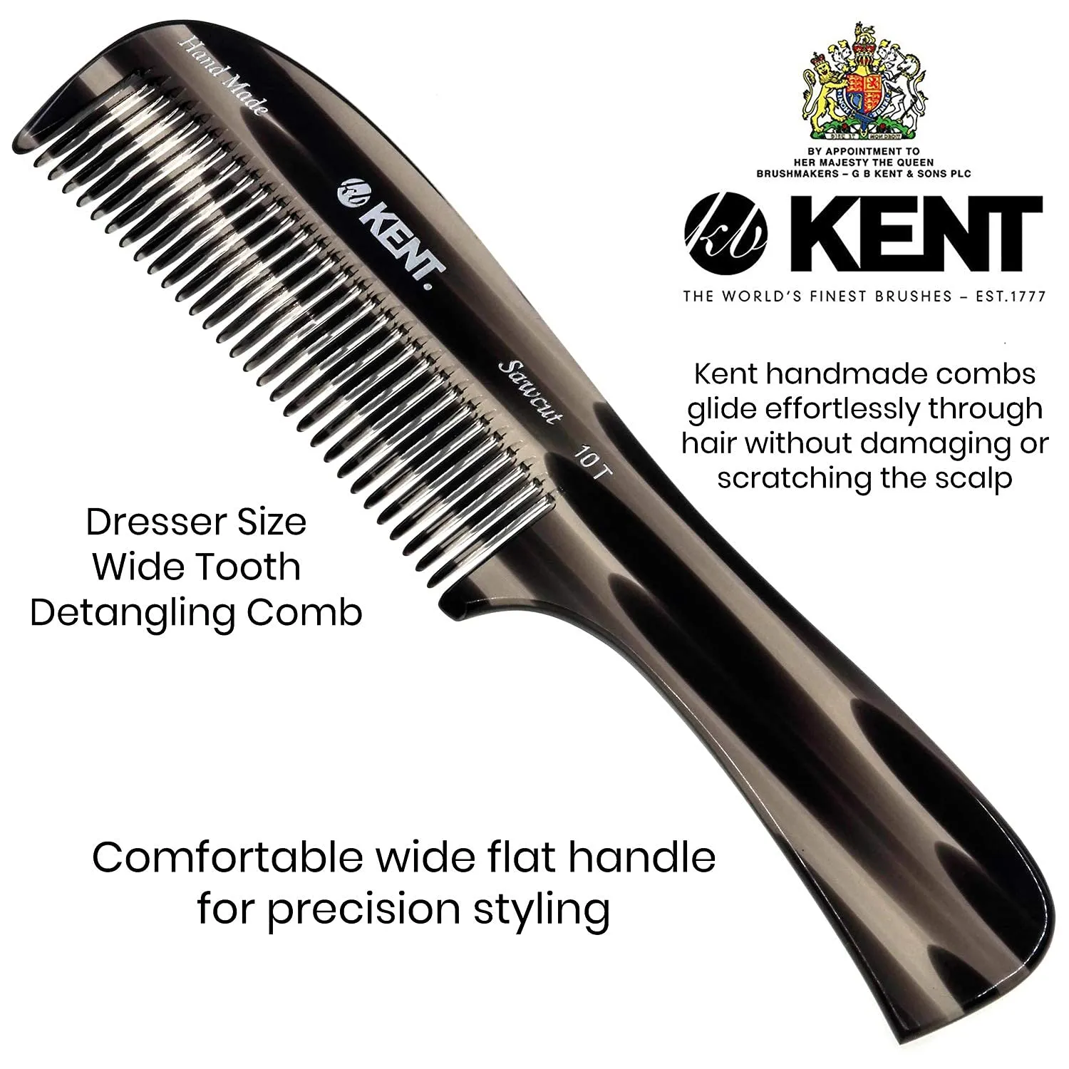 Kent 10T Graphite and Tortoiseshell Wide Tooth Comb - Rake Detangler for Curly, Beard and Men's Hair - Hair Care Supplies