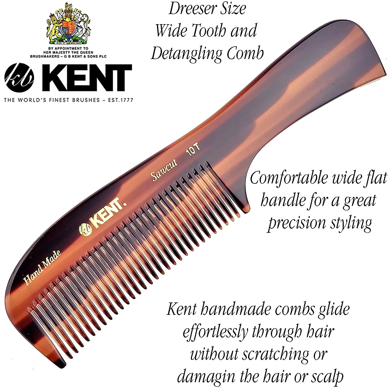 Kent 10T Graphite and Tortoiseshell Wide Tooth Comb - Rake Detangler for Curly, Beard and Men's Hair - Hair Care Supplies