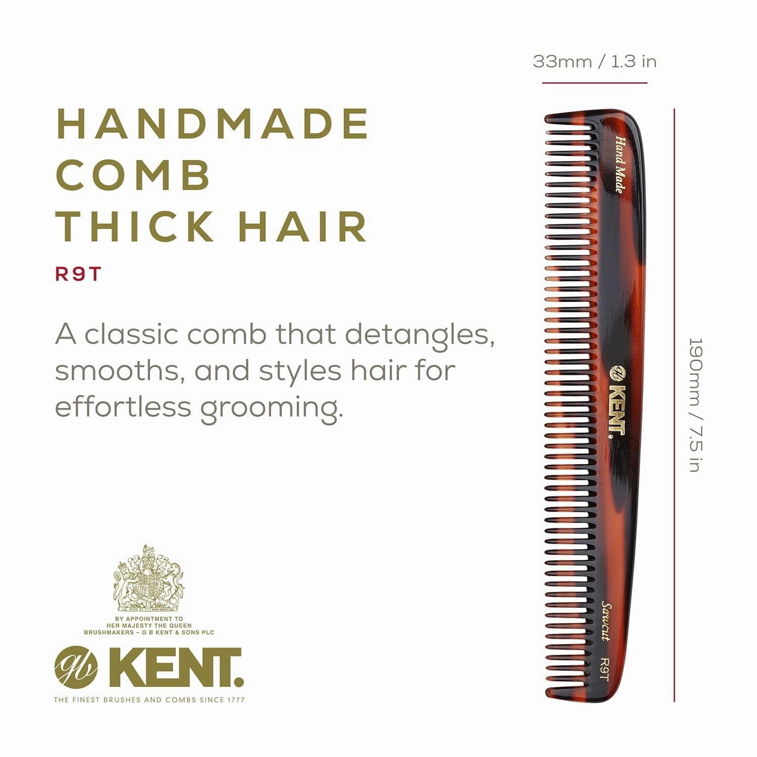 Kent - The Handmade Comb - 192 mm Coarse Toothed Dressing Table Comb Model No. R9T (3-Pack)