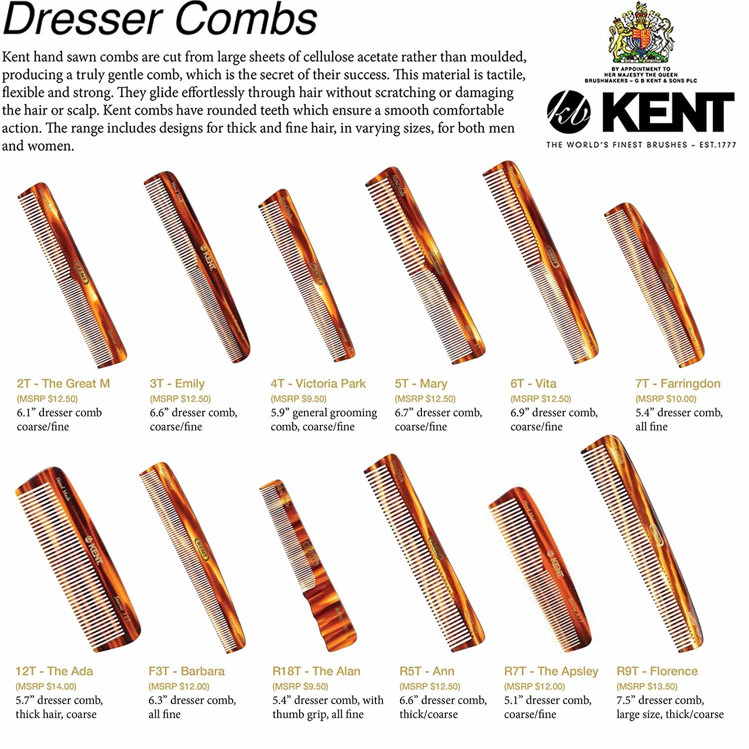 Kent R5T Wide Tooth Comb Detangling Comb, Wide Teeth Dressing Table Beard Combs Men for Thick Curly Wavy Hair, Hair Detangler Combs for Grooming Styling Beard and Mustache