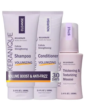 Keranique VOLUME BOOST & STYLE TRAVEL KIT - Anti-Frizz Heat Protection System for Women with Thinning Hair - Includes Keratin Shampoo, Conditioner, and Thickening Mousse, Enhances Volume and Texture