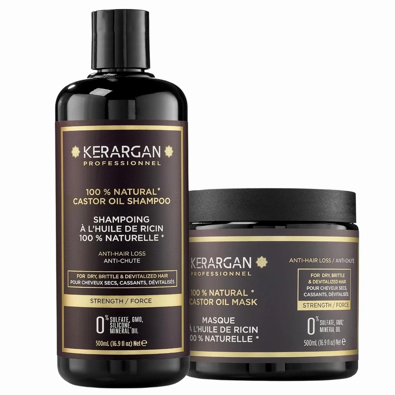 Kerargan - Anti-Hair Loss Shampoo & Mask Duo with Castor Oil for Dry, Weakened, Lifeless Hair - Boosts Growth - Sulfate-Free, Silicone-Free, GMO-Free - 2x16.9 Fl oz