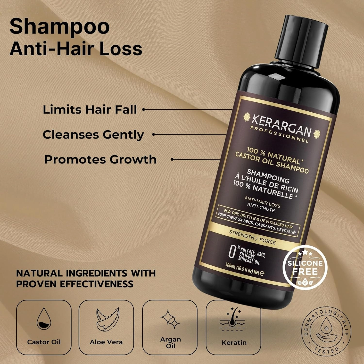 Kerargan - Anti-Hair Loss Shampoo & Mask Duo with Castor Oil for Dry, Weakened, Lifeless Hair - Boosts Growth - Sulfate-Free, Silicone-Free, GMO-Free - 2x16.9 Fl oz