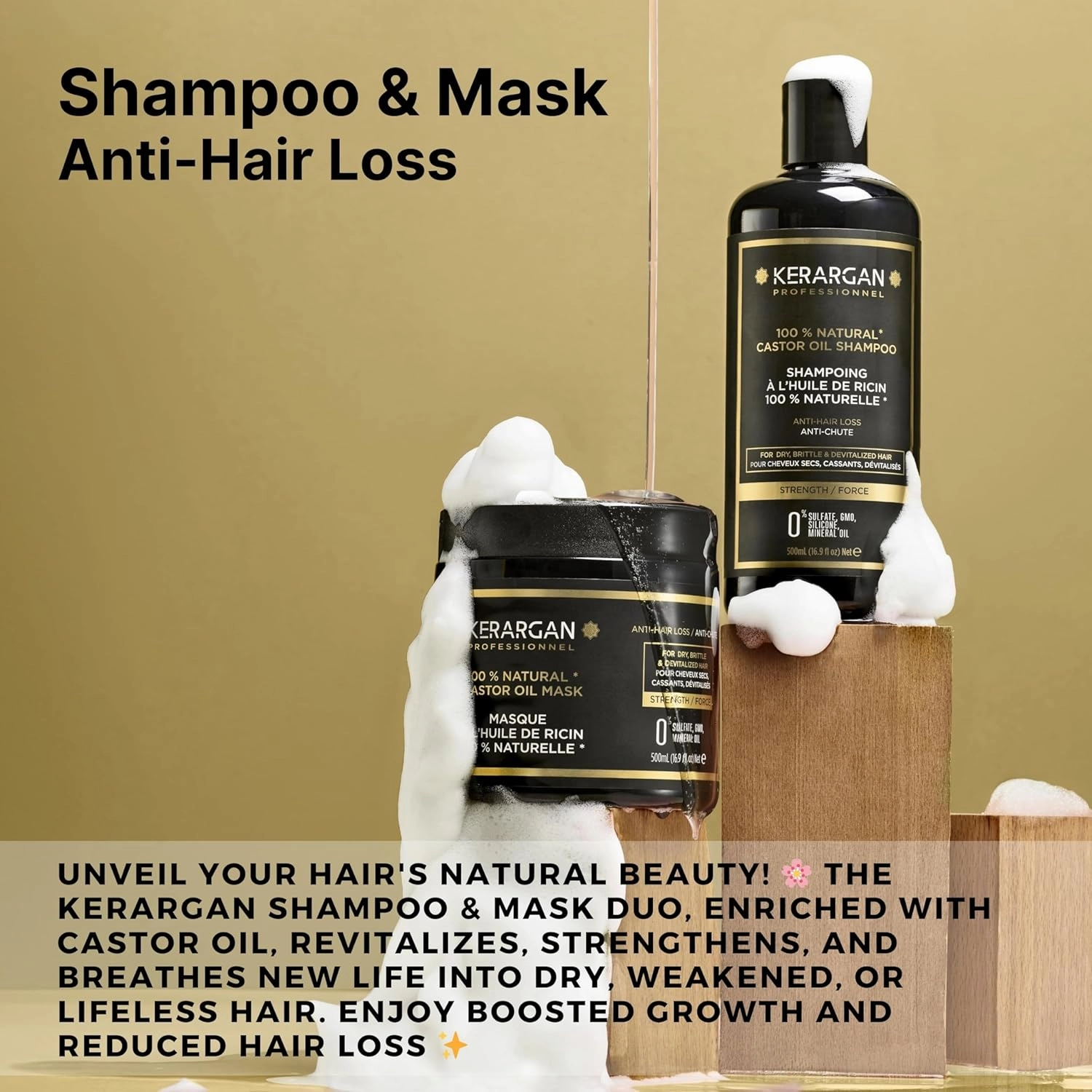 Kerargan - Anti-Hair Loss Shampoo & Mask Duo with Castor Oil for Dry, Weakened, Lifeless Hair - Boosts Growth - Sulfate-Free, Silicone-Free, GMO-Free - 2x16.9 Fl oz