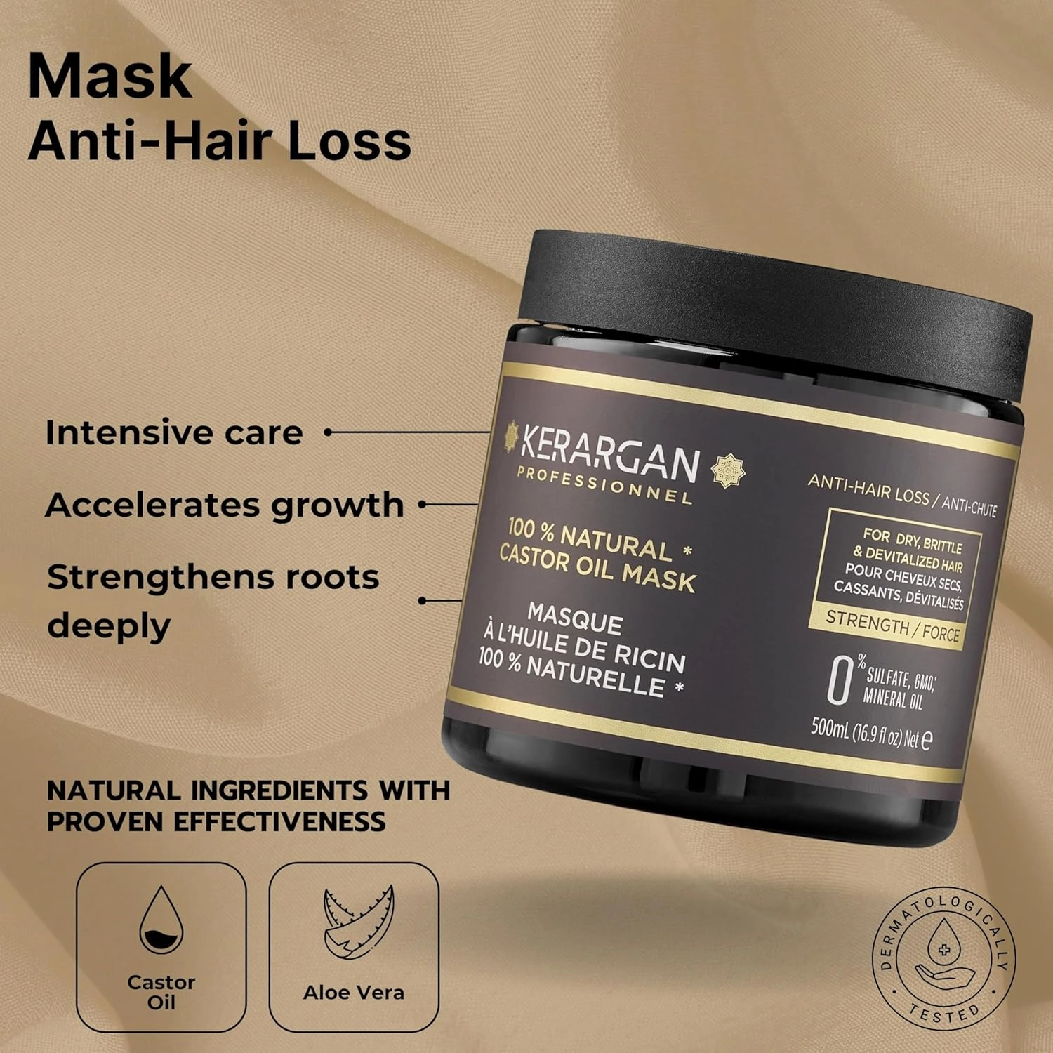 Kerargan - Anti-Hair Loss Shampoo & Mask Duo with Castor Oil for Dry, Weakened, Lifeless Hair - Boosts Growth - Sulfate-Free, Silicone-Free, GMO-Free - 2x16.9 Fl oz