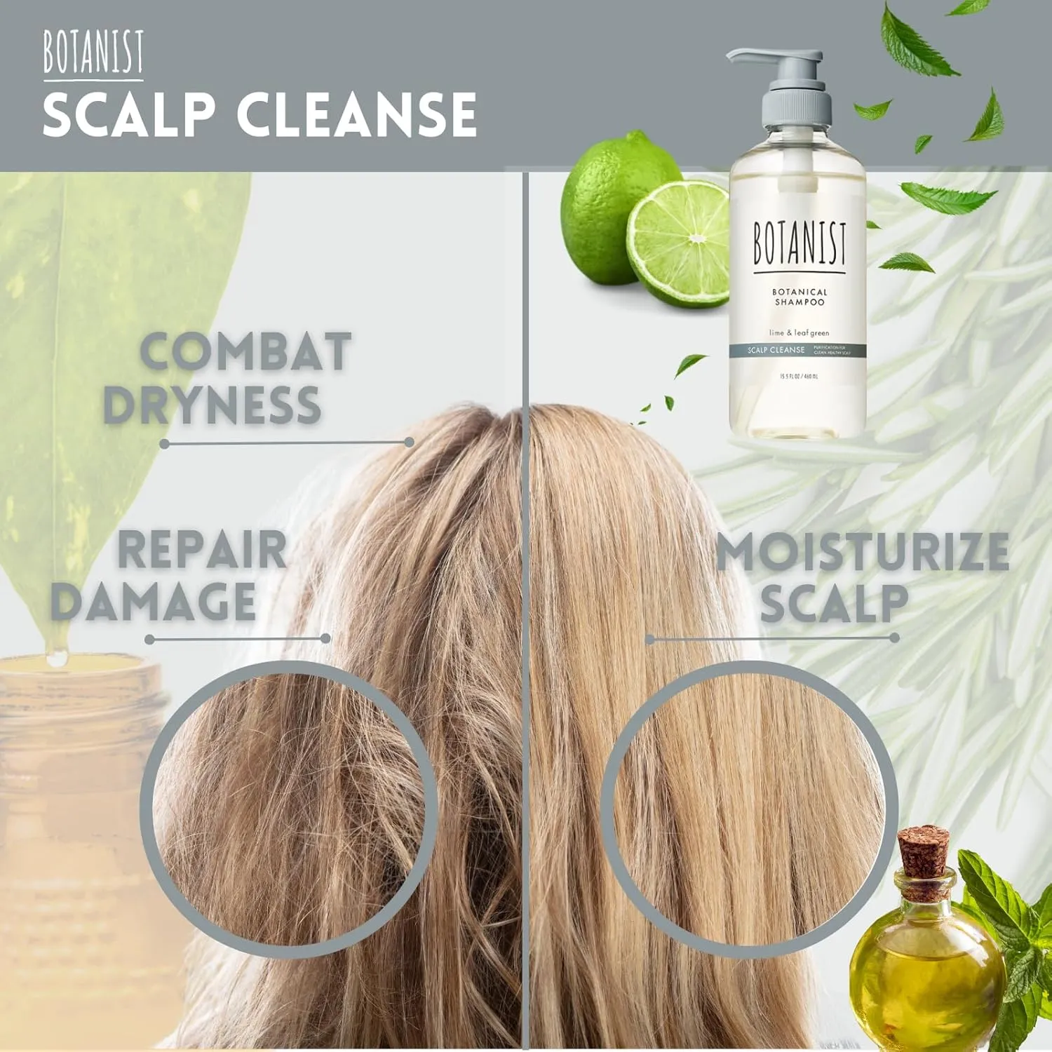 Keratin Shampoo for Women & Men Dry Hair & Oily Scalp, Organic Shampoo with Protein, Collagen& Honey Extract from Japan, Paraben& Silicone Free, SCALP CLEANSE Lime & Green Leaf 15.5 Fl Oz 2EA